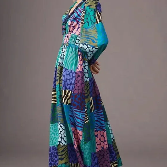 Anthropologie Geisha Designs M NWT Patchwork Maxi Dress Animal Print Long Sleeve - Picture 7 of 8